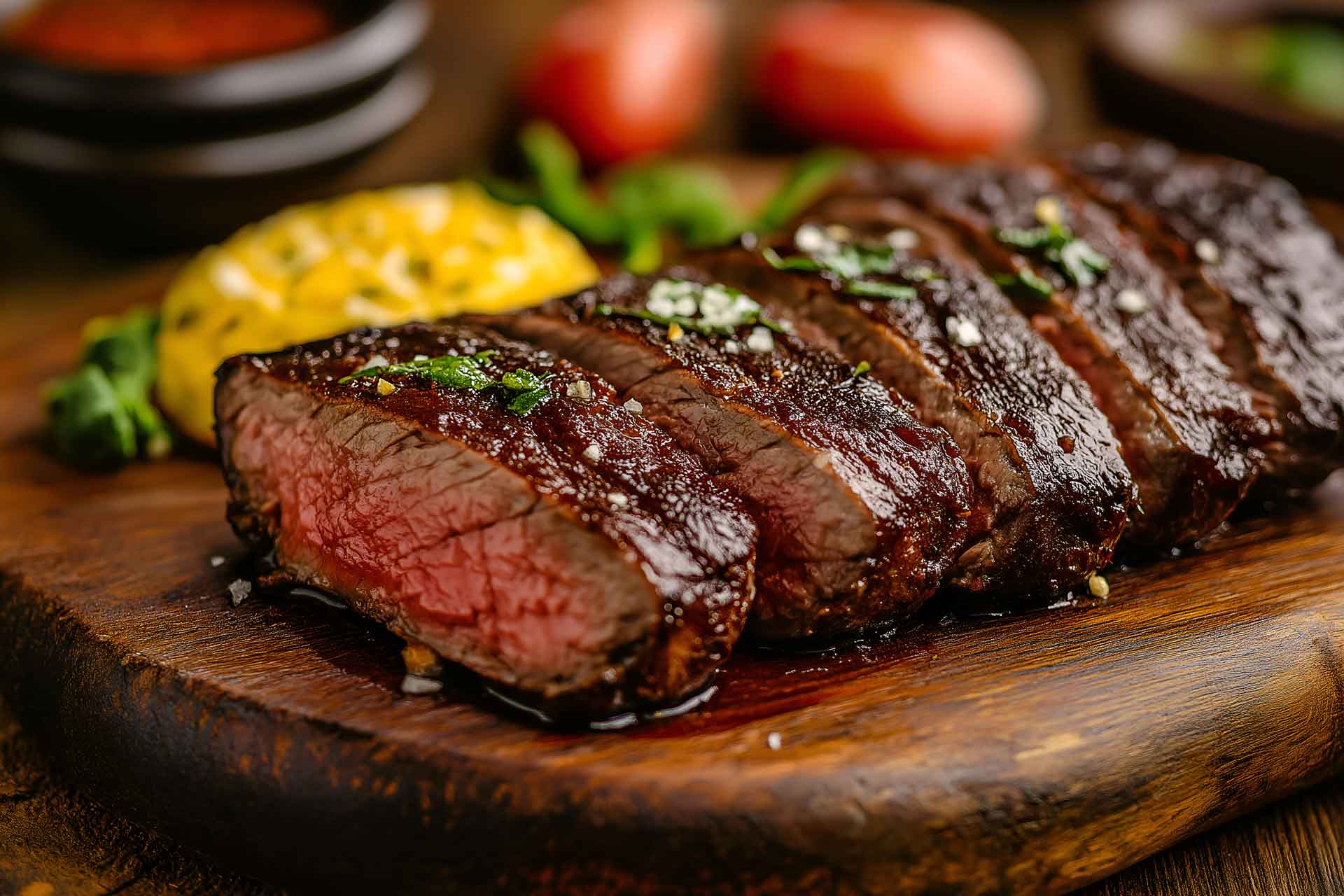 Entraña marinada a la graella amb chimichurri calent i all.